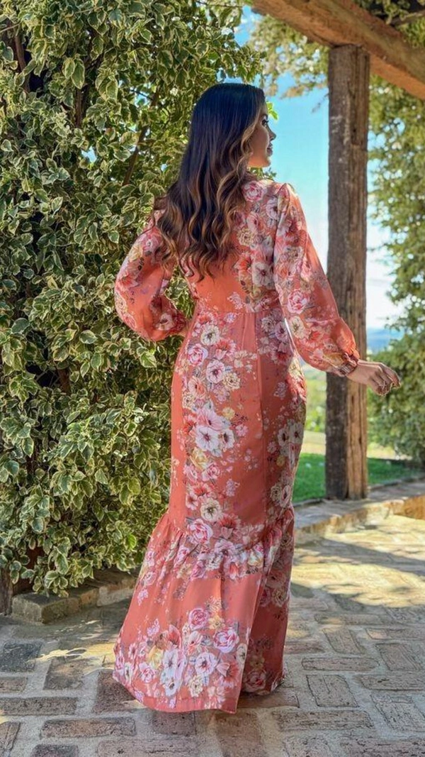 Vestido Longo Floral Sereia Julieta em Crepe com Cinto