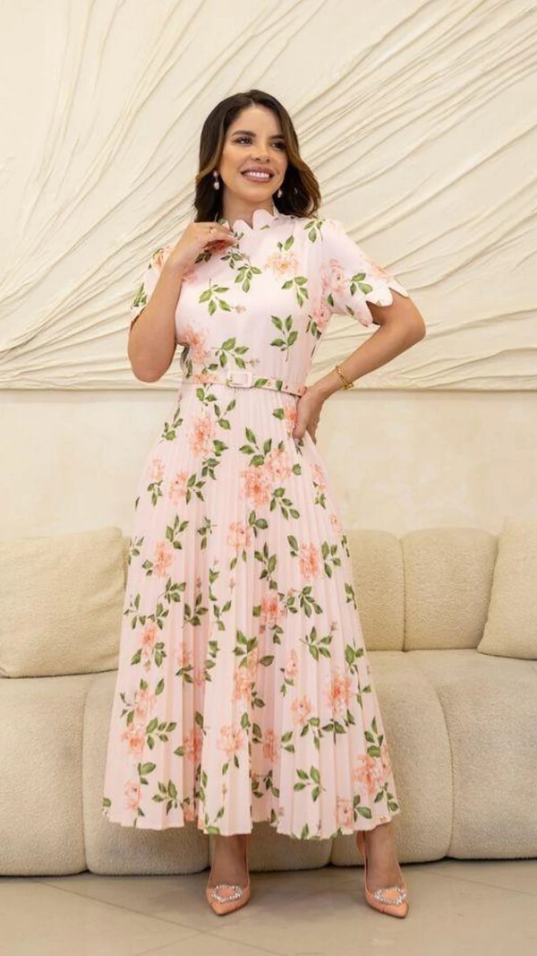 Vestido Midi Floral Jurema Plissado com Gola Scalop