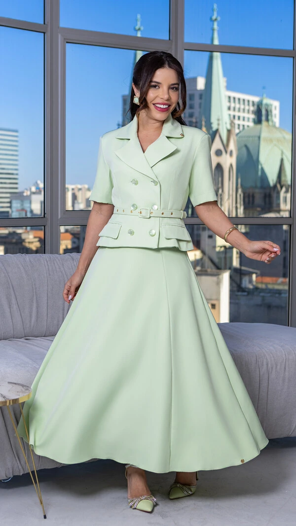 Conjunto Gaya com Saia Max Midi Verde Claro e Rosa Claro