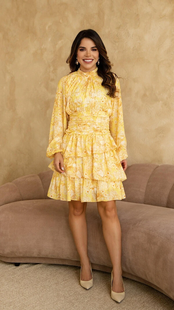 Vestido Curto Amarelo Cassandra Poliéster Acinturado