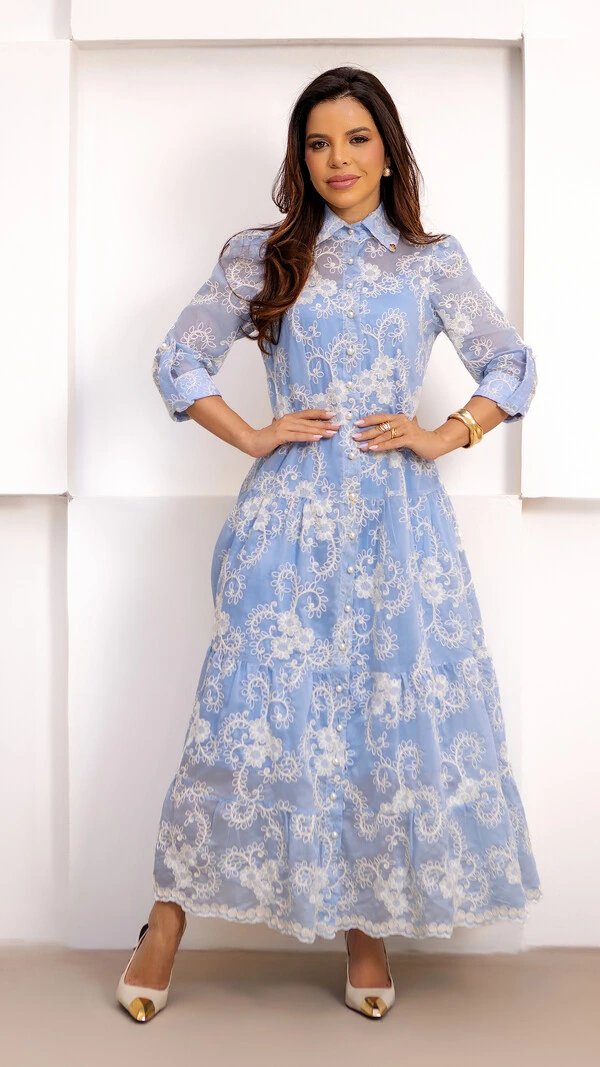 Vestido Longo Greice em Liocel com Bordado Floral