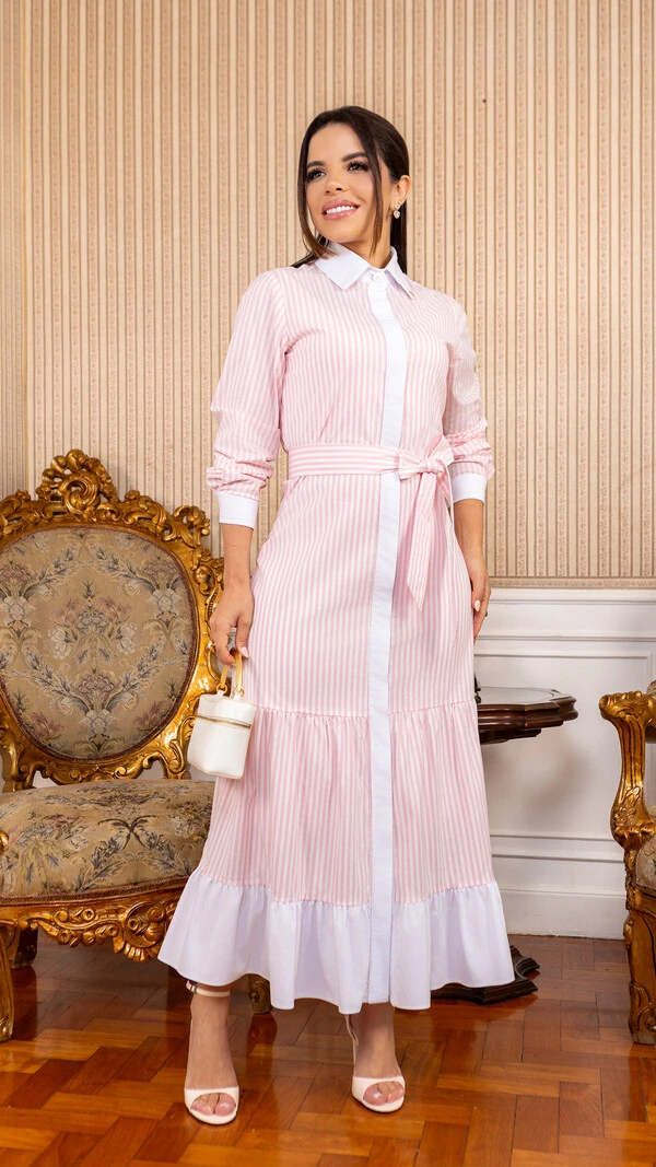 Vestido Max Midi Azenate Listrado com Faixa e Babados