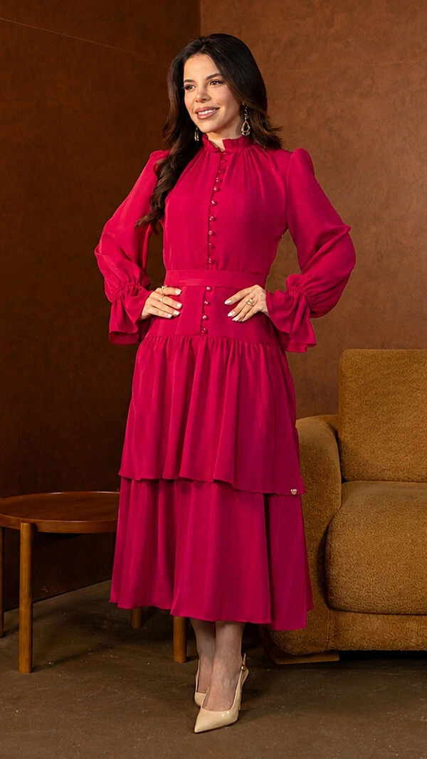 Vestido Midi Cappuccino Felicia Crepe Gola Alta