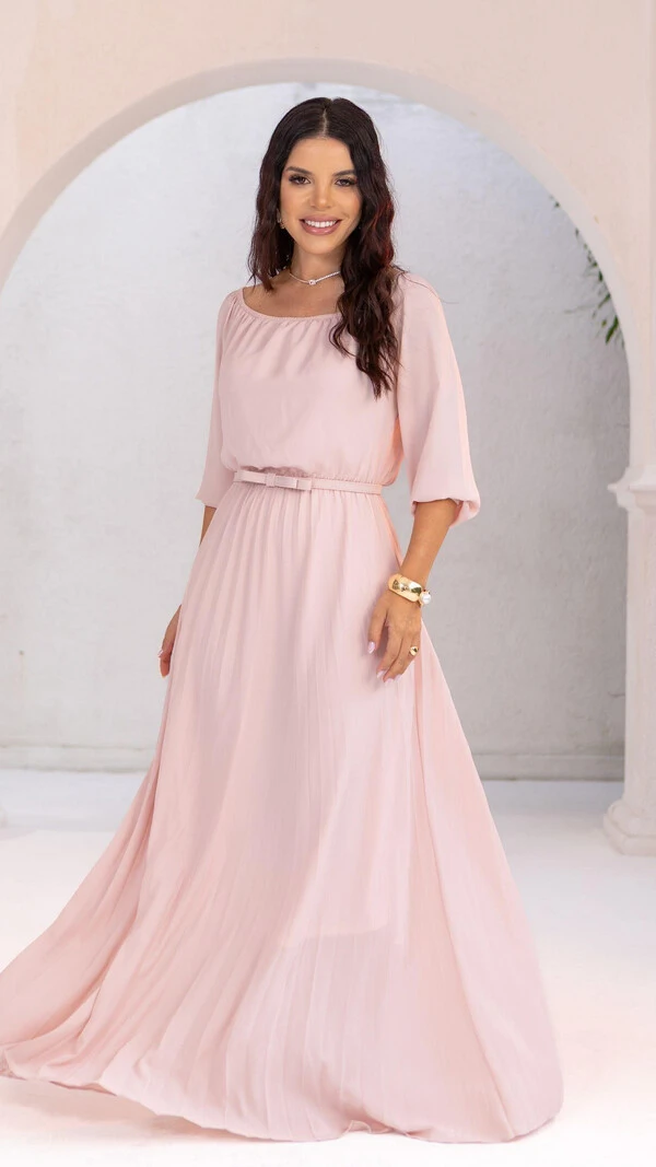 Vestido Longo Rosa Dora Crepe Saia Plissada com Cinto Laço