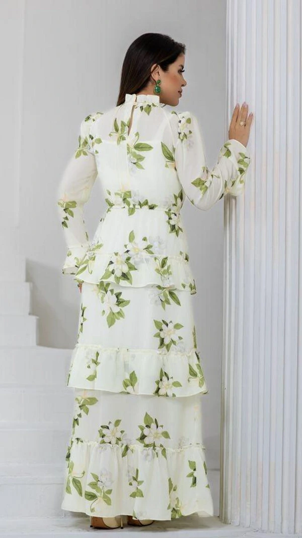 Vestido Longo Estampado Franciele Crepe GGT Gola Alta