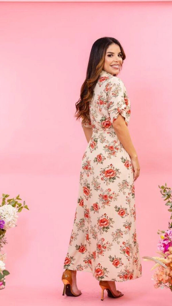 Vestido Longo Floral Chemise Mayla em Viscose com Cordão