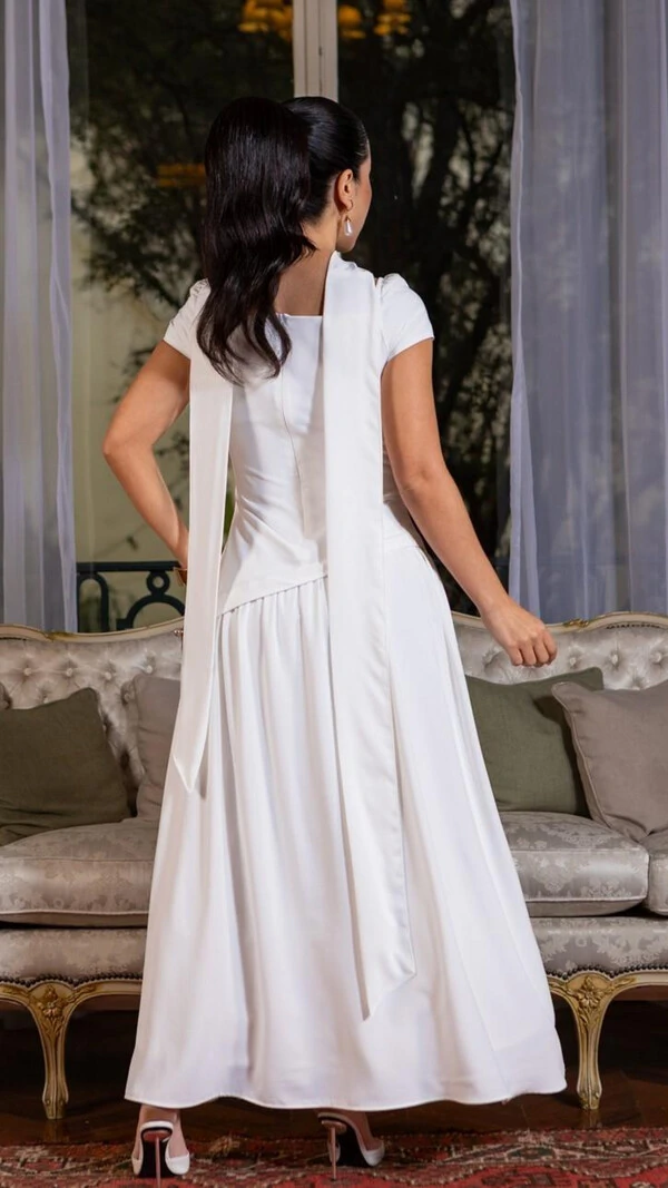 Vestido Longo Branco Rosaura Bruges Corte Assimétrico