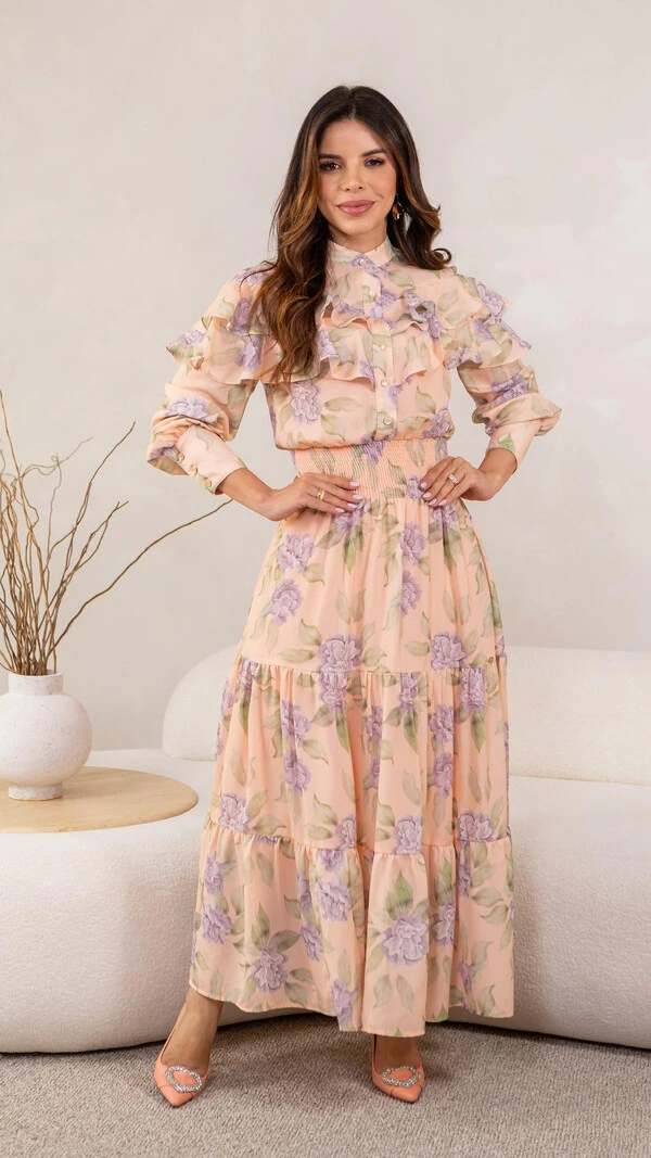 Vestido Longo Floral Magda Crepe com Babados e Gola Alta