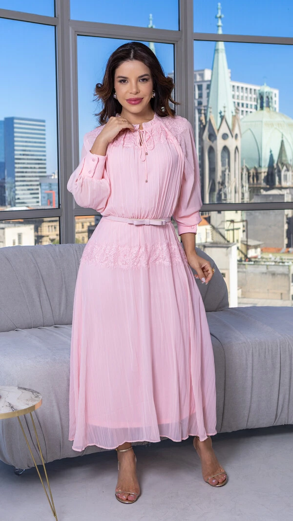 Vestido Max Midi Mércia Plissado com Renda Chantilly