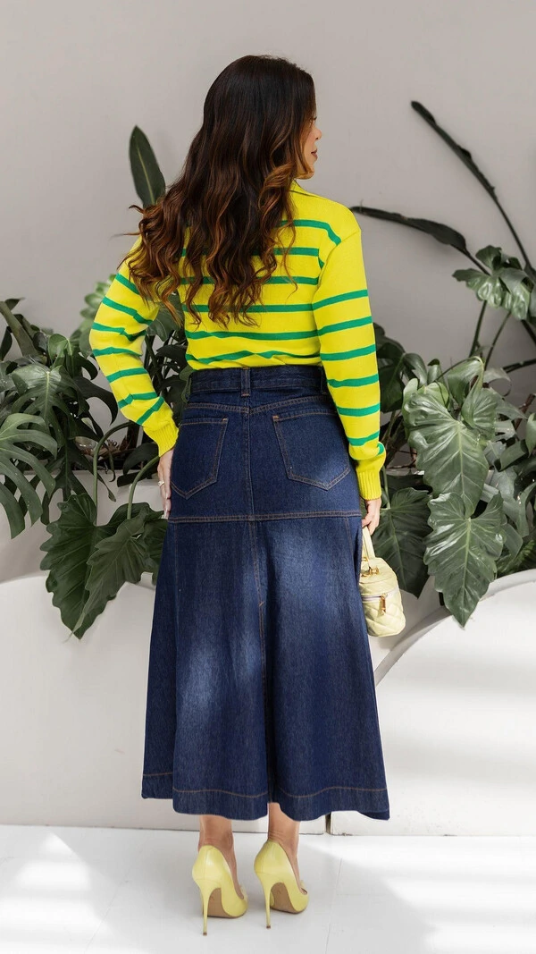 Saia Midi Jeans Mariza com Recortes e Bolsos