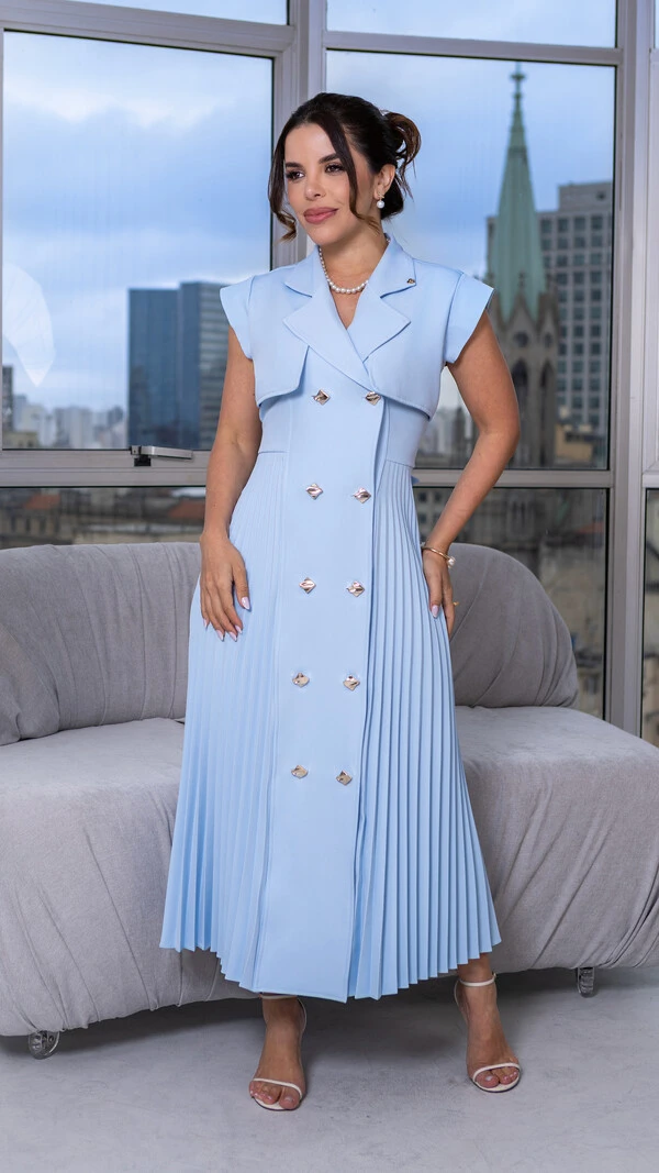 Vestido Max Midi Safira em Alfaiataria com Botões