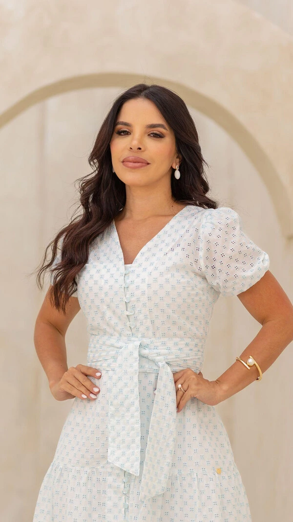 Vestido Longo Azul Geométrico Raika Algodão Três Marias