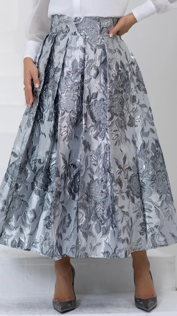Saia Midi Maia em Jacquard com Pregas Largas