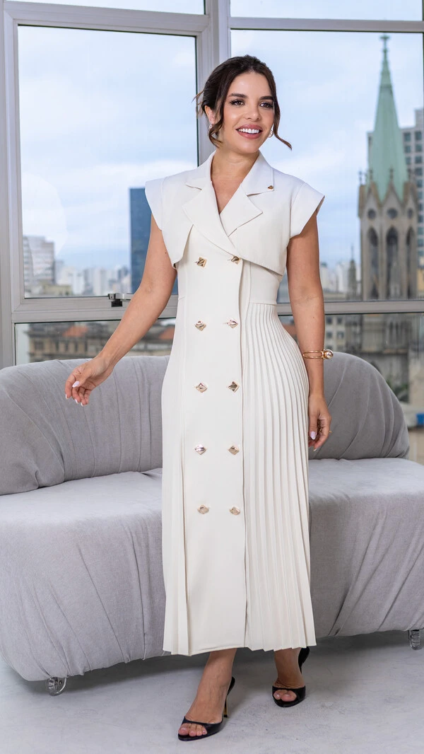 Vestido Max Midi Safira em Alfaiataria com Botões