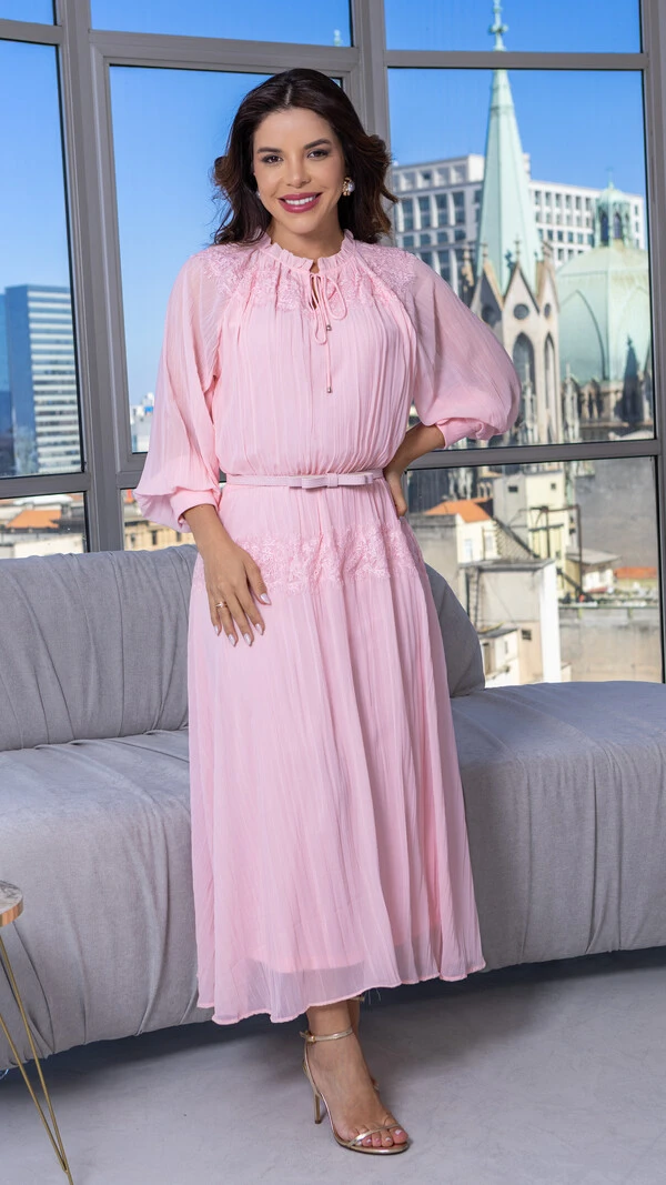 Vestido Max Midi Mércia Plissado com Renda Chantilly