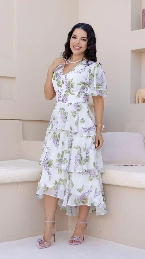 Vestido Midi Estampado Clara Crepe Gola V Barra Mullet