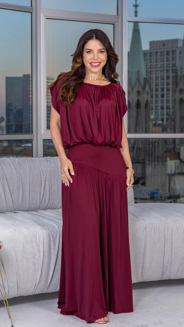 Conjunto Florence Blusa e Saia Longa Azul Marinho e Vinho