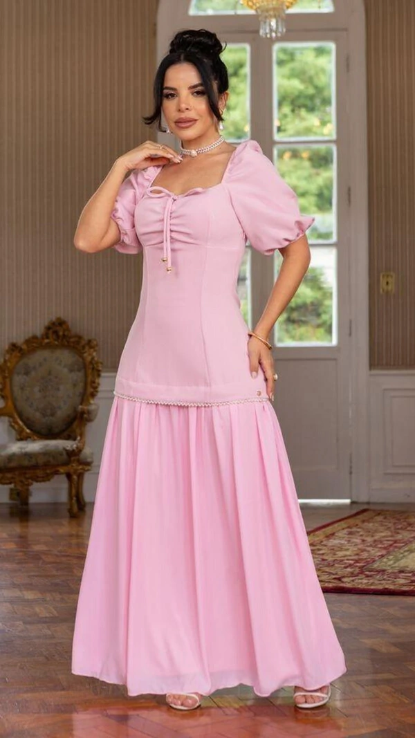 Vestido Longo Tonya Mangas Princesa com Amarração no Busto