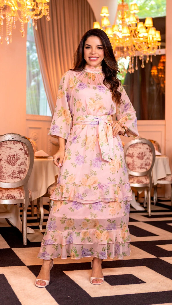 Vestido Longo Rubenita em Crepe com Faixa para Amarração