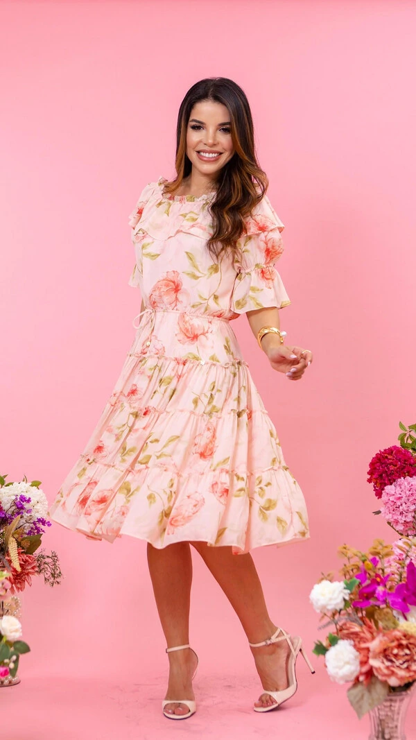 Vestido Midi Estampado Domenica Crepe Lastex Forrado