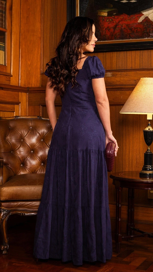 Vestido Jacquard Giulia com Decote Quadrado Azul Marinho