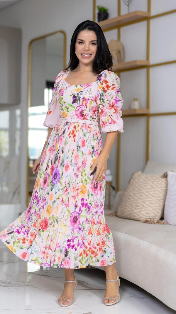 Vestido Midi Floral Alexandra Silk Span Saia Plissada