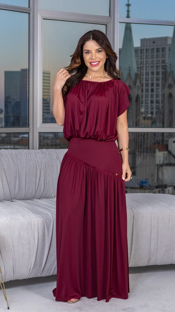 Conjunto Florence Blusa e Saia Longa Azul Marinho e Vinho