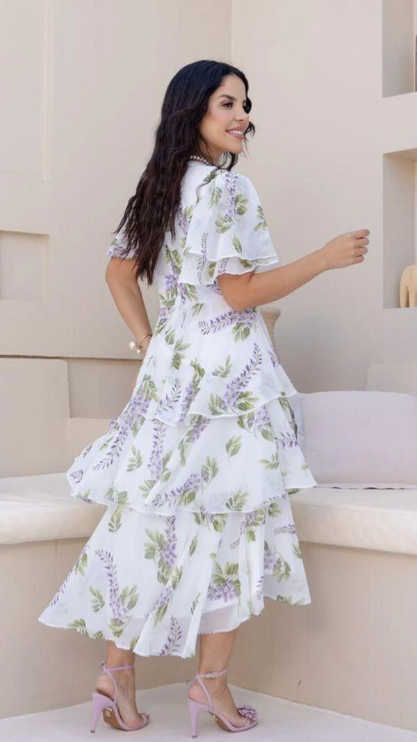 Vestido Midi Estampado Clara Crepe Gola V Barra Mullet