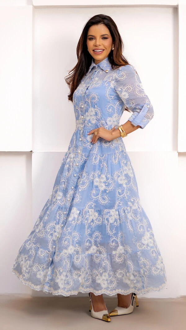 Vestido Longo Greice em Liocel com Bordado Floral
