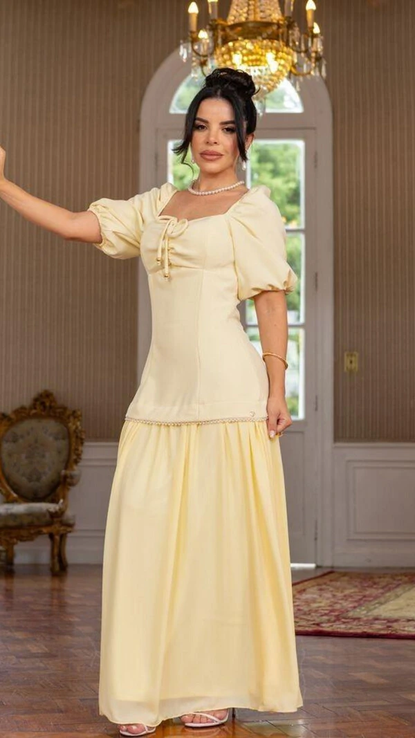 Vestido Longo Tonya Mangas Princesa com Amarração no Busto