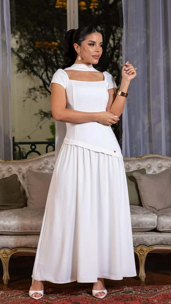 Vestido Longo Branco Rosaura Bruges Corte Assimétrico