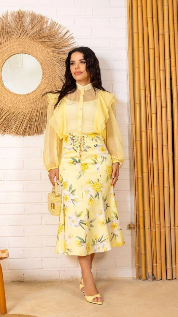 Saia Midi Ariene Estampada com Amarração Frontal