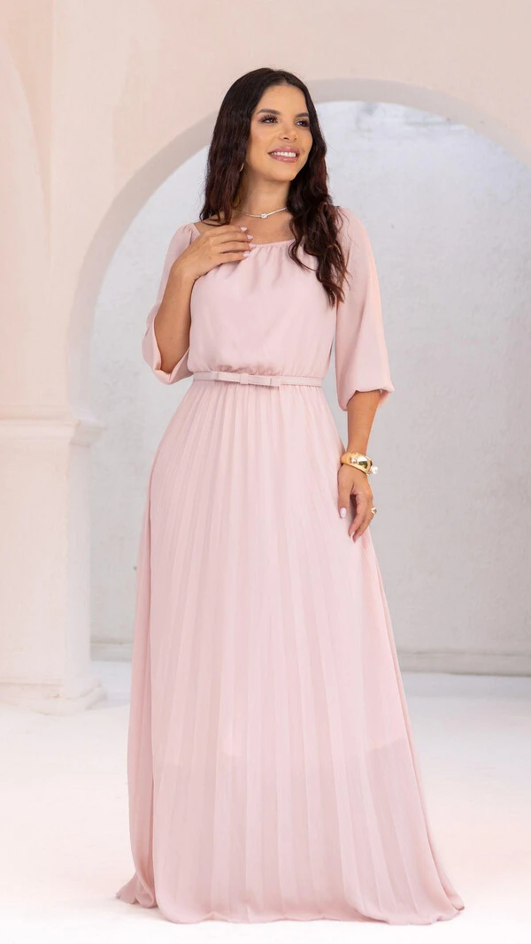 Vestido Longo Rosa Dora Crepe Saia Plissada com Cinto Laço