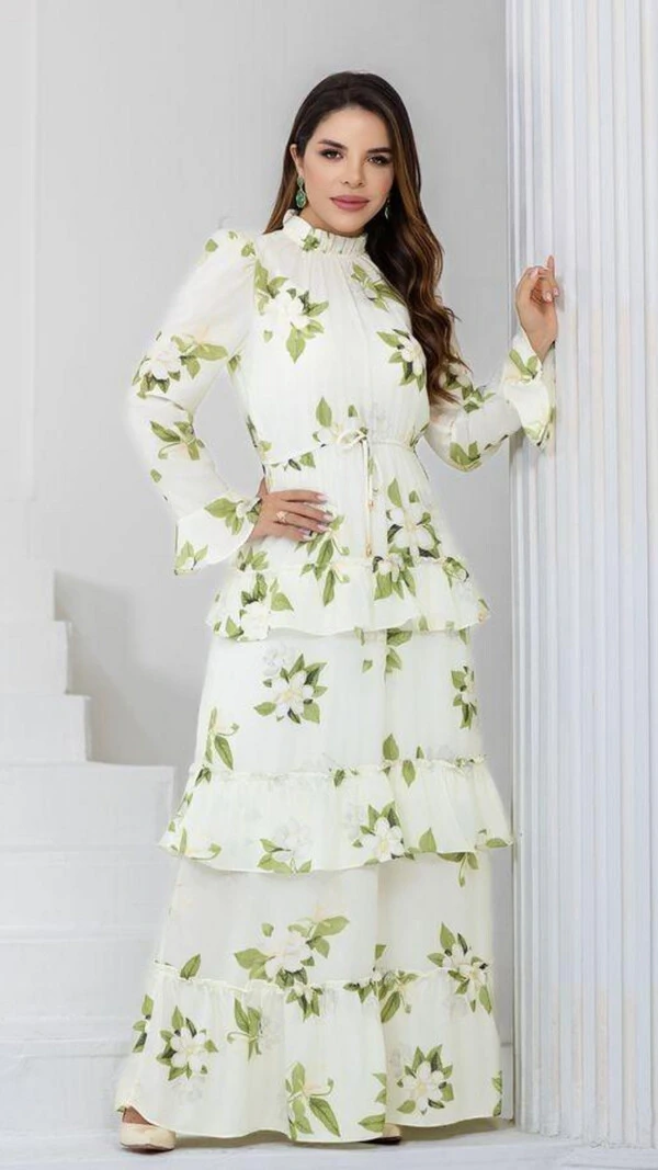 Vestido Longo Estampado Franciele Crepe GGT Gola Alta