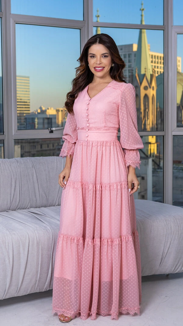 Vestido Longo Derya com Renda Chantilly e Botões