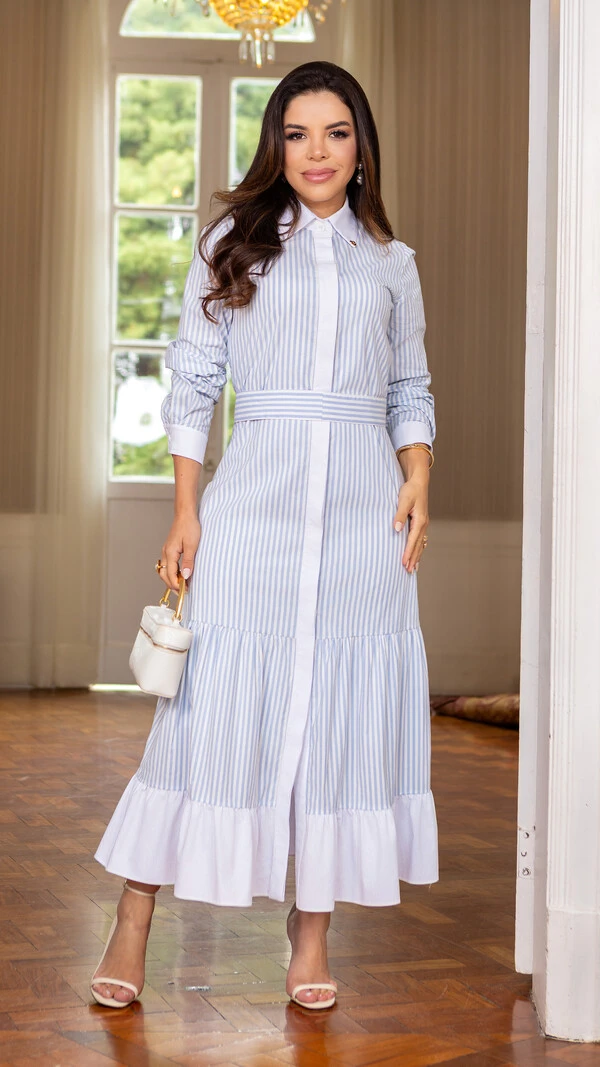 Vestido Max Midi Azenate Listrado com Faixa e Babados