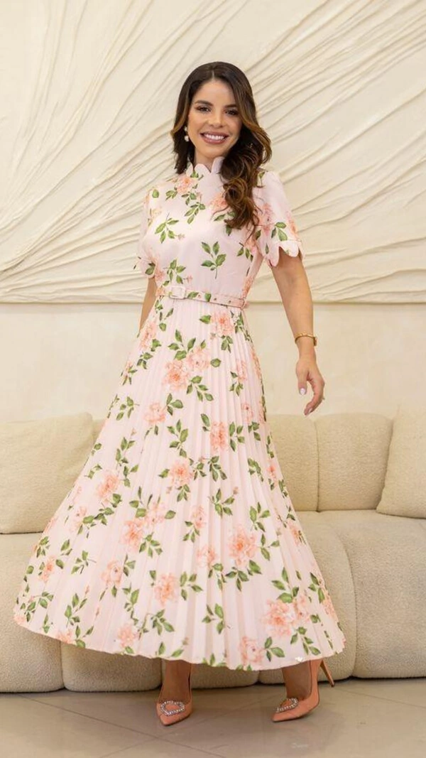 Vestido Midi Floral Jurema Plissado com Gola Scalop