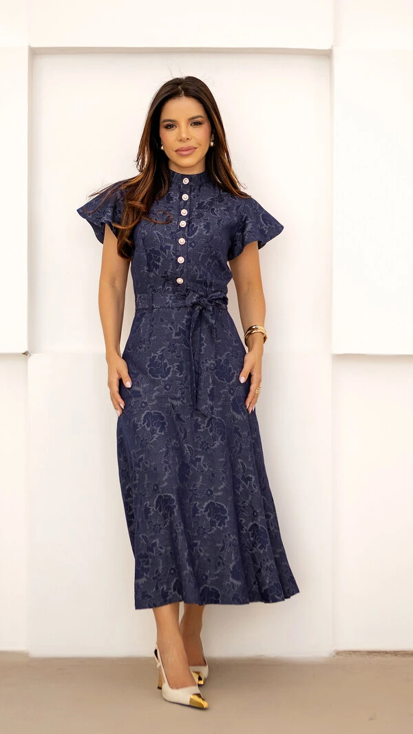 Vestido Max Midi Mauricia em Jacquard de Viscose