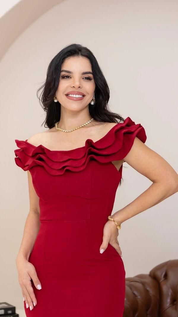 Vestido Midi Bordô Alfaiataria Elisa Detalhe no Decote