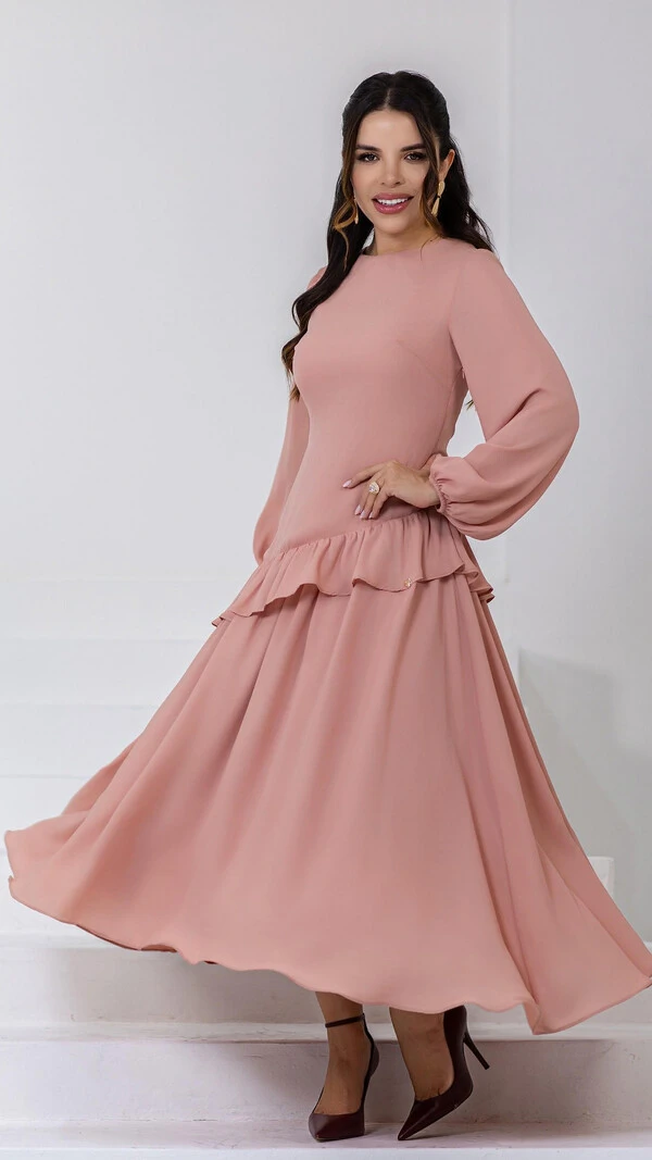 Vestido Longo Crepe Suzete Corset Babados Assimétricos