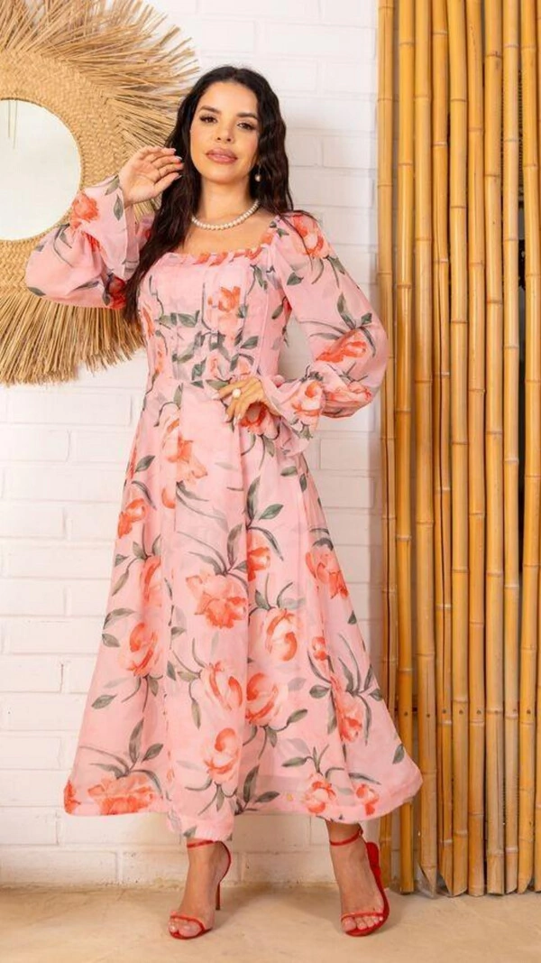 Vestido Midi Rosa Floral Siena Crepe Decote Quadrado