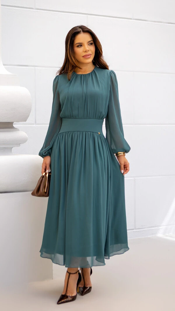 Vestido Max Midi Joquebede em Crepe com Cintura Marcada