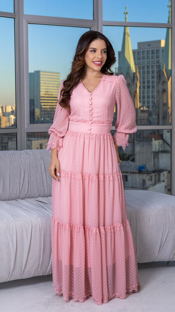 Vestido Longo Derya com Renda Chantilly e Botões