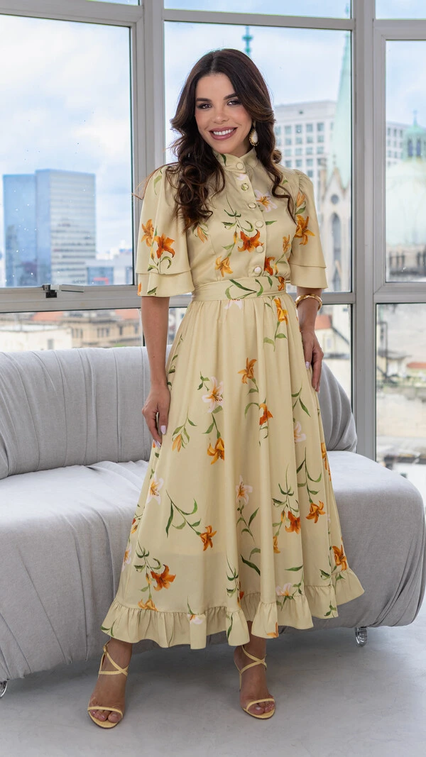 Vestido Max Midi Jucelia Floral com Faixa e Botões