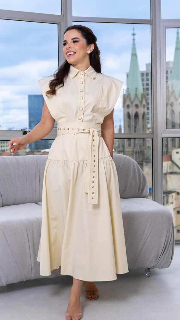 Vestido Max Midi Noemia com Cinto de Ilhós e Botões