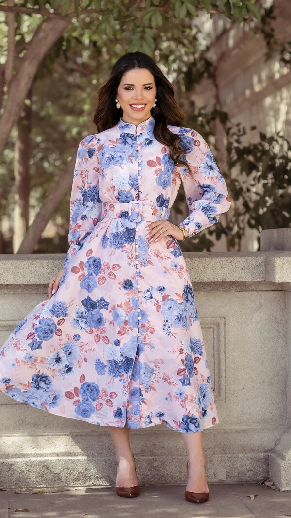 Vestido Midi Estampado Azul Atena em Crepe Saia Godê