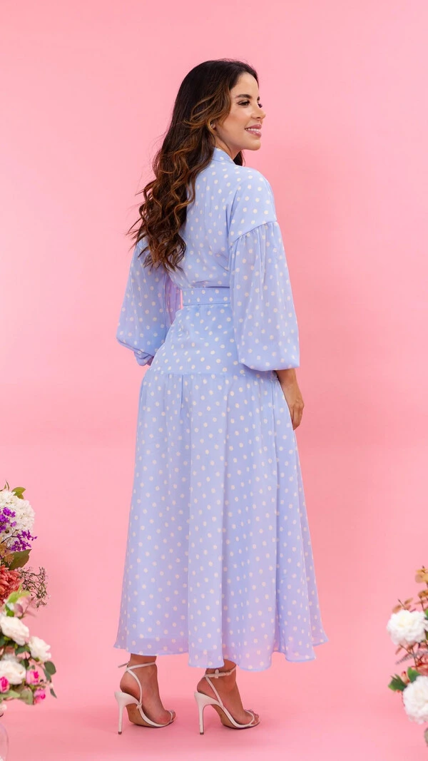 Vestido Midi Azul Poá Marina Crepe Estilo Envelope