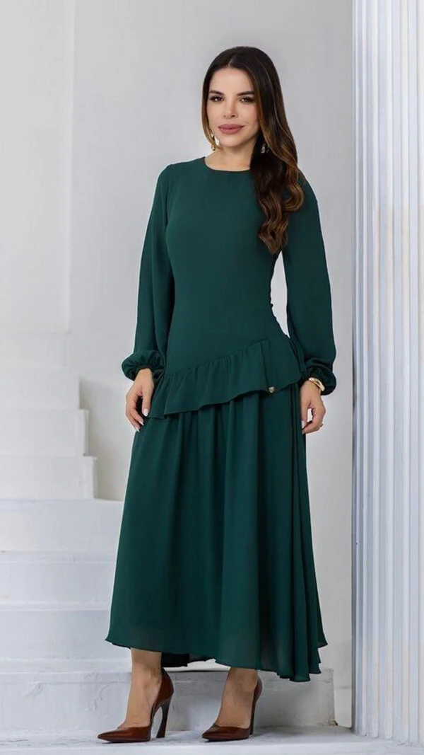 Vestido Longo Crepe Suzete Corset Babados Assimétricos