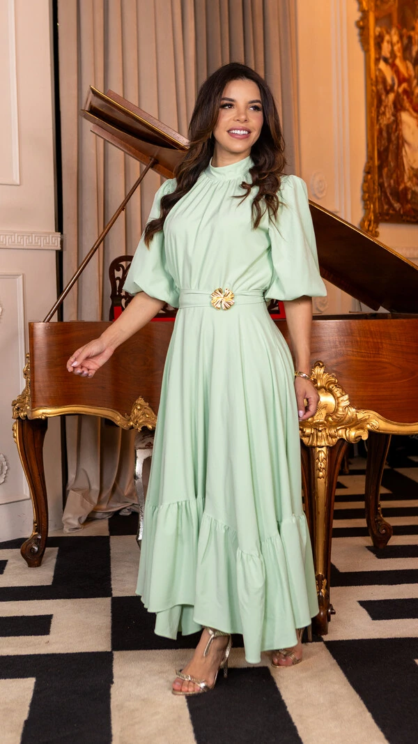 Vestido Longo Helenice com Mangas 3/4 e Faixa com Fivela
