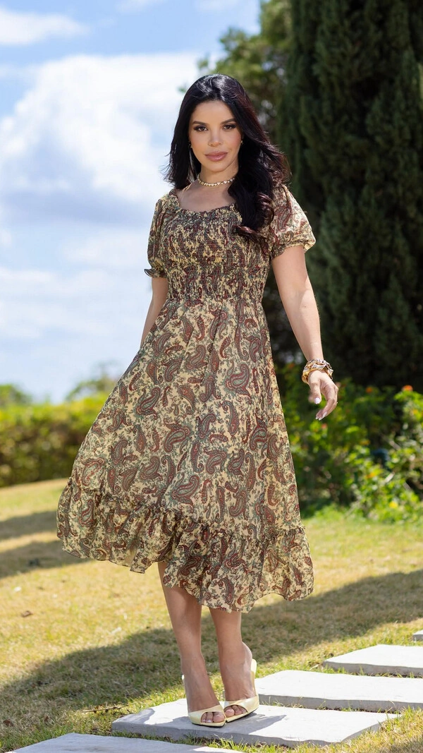 Vestido Midi Amarelo Calista Chiffon Decote Quadrado